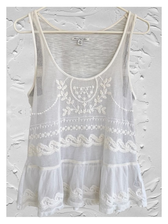 American Eagle Outfitters Tops - American Eagle Outfitters White Sleeveless Mesh Peplum Top Romantic Sheer Tank